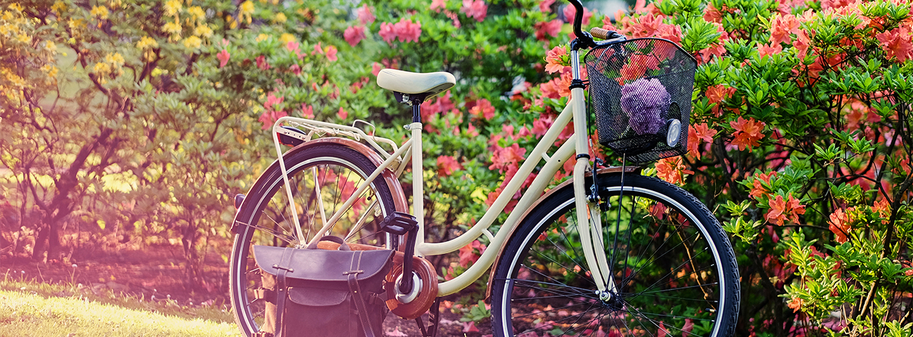 Ein Fahrrad steht vor einer Blumenwand