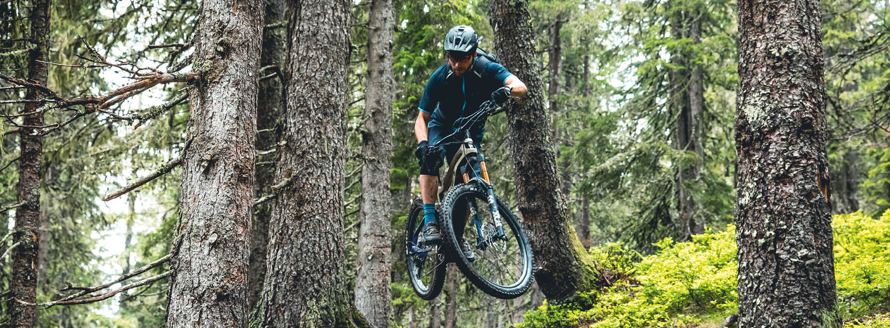Mountainbiker macht im Wald Stunts
