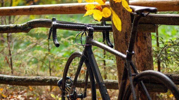 Ein Fahrrad steht angelehnt an einem Zaun im Wald