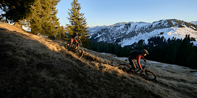 Zwei Mountainbiker fahren downhill durch Gelände