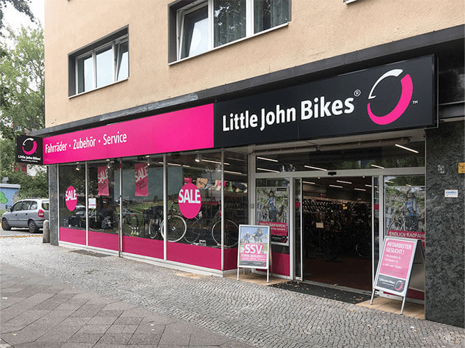 Außenansicht des Little John Bikes Fahrradgeschäfts in Berlin-Mariendorf